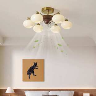 中古风扇灯北欧客厅吸顶风扇灯复古胡桃木纹摇头静音电扇魔豆灯具