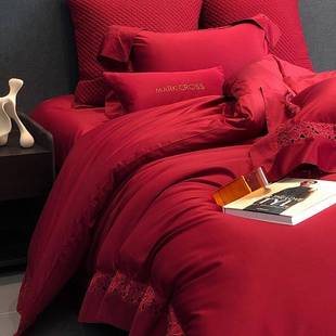 100支全棉结婚庆床单四件套意大利长绒棉蕾丝花边工艺纯棉床品MLC