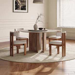 法式复古实木餐桌椅组合圆形带转盘家用现代简约中古风岩板圆桌