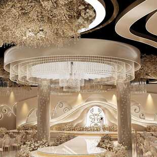 香槟色婚礼堂设计水晶珠帘灯婚庆道具主题设计生产一站式婚礼中山