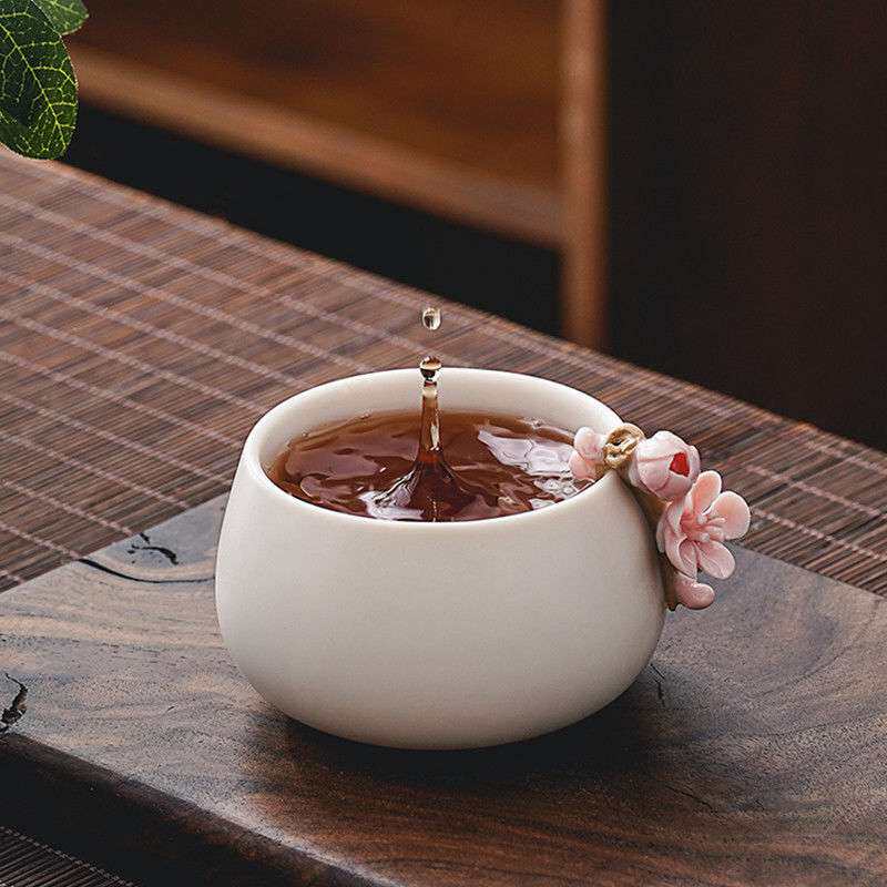 手工捏花月白汝窑茶杯主人杯子陶瓷开片品茗杯茶具单杯大茶盏茶碗
