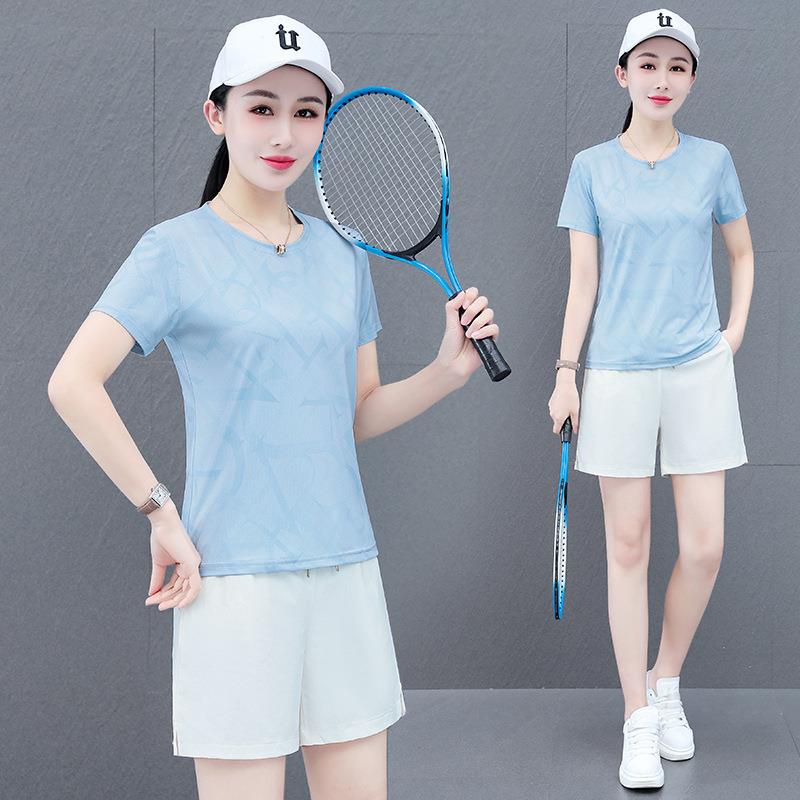 公版新款冰丝速干短袖套装女2024夏季女士运动短套时尚休闲短袖短