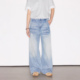 Deep Rain冰裂蓝竹节纹不规则猫须复古水洗A字宽松阔腿牛仔裤