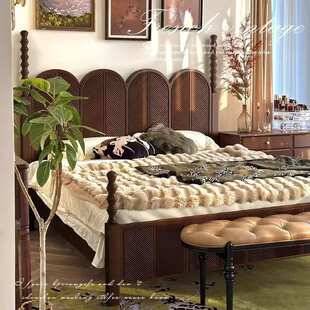 法式轻奢复古雕花罗马柱木床美式古风简约现代主卧大床双人床婚床