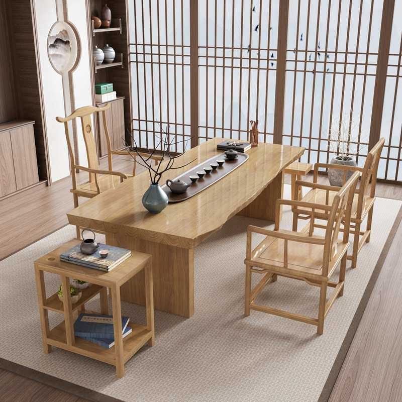 新中式茶桌椅组合套装办公室实木喝茶桌功夫禅意茶桌椅原木色茶台