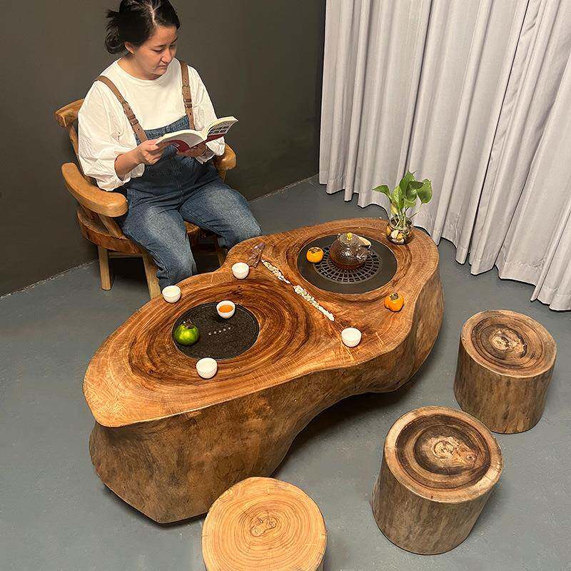 原实木根雕茶几2023新款围炉煮茶桌户外庭院休闲树根烧烤炉