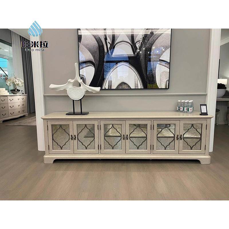 北美乡村实木复古电视柜欧式白色做旧矮柜法式橡木电视柜茶几组合