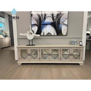 北美乡村实木复古电视柜欧式白色做旧矮柜法式橡木电视柜茶几组合