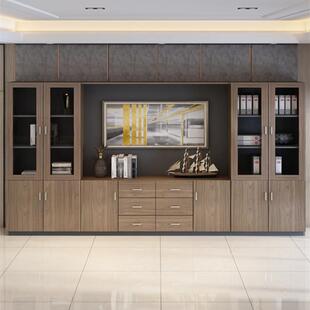 木质文件柜办公室书柜老板桌背景柜子靠墙抽屉式资料柜玻璃门高柜