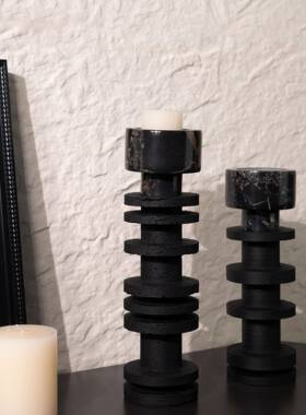 现代中古黑色仿洞石材烛台蜡烛复古折衷主义别墅样板间软装饰品