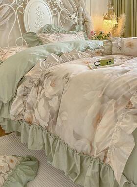 床裙四件套纯棉全棉2024新款四季通用 主卧室田园绿色被套200x230