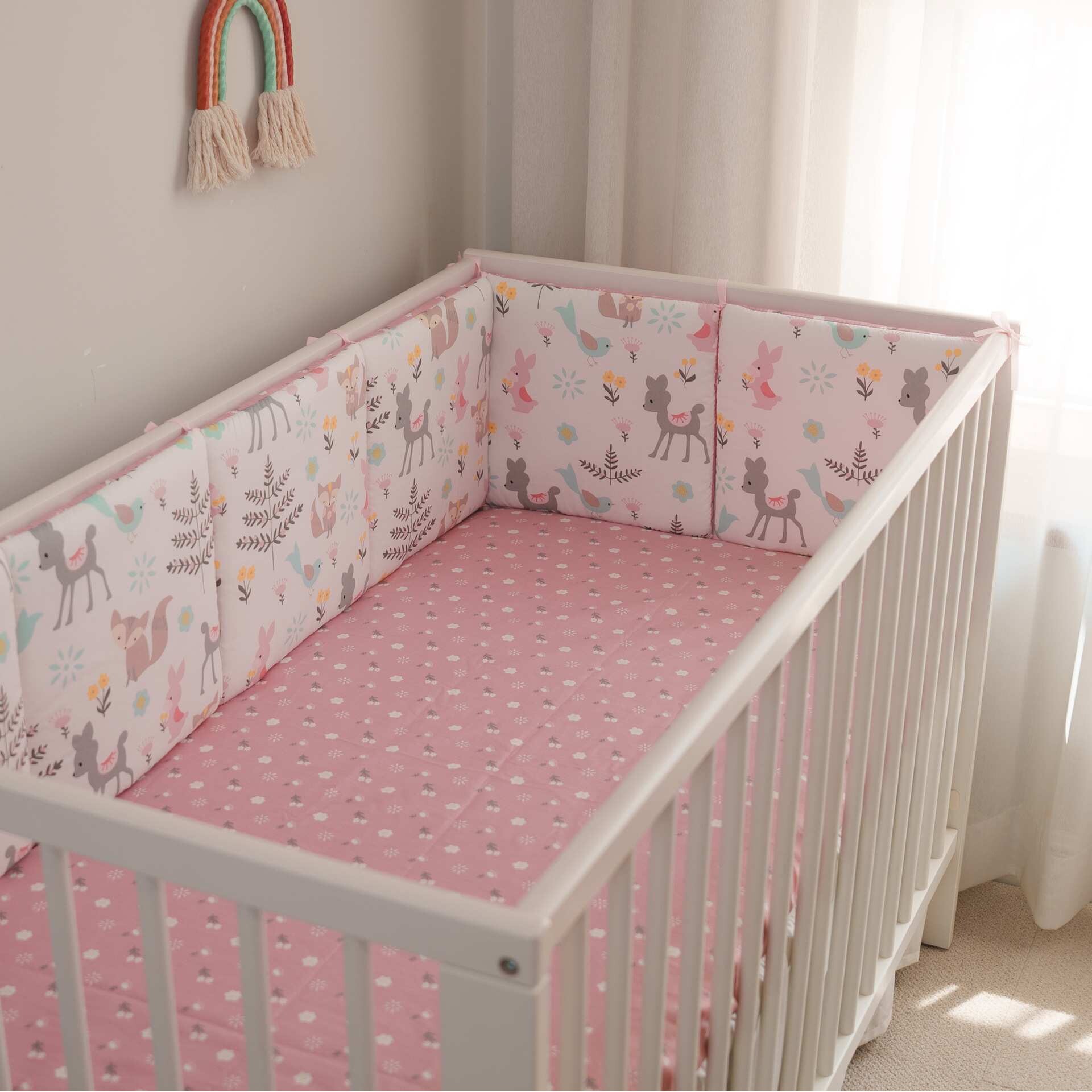 婴儿床围新生儿床上用品宝宝防撞围栏纯棉粉色狐狸30*30*6整片洗