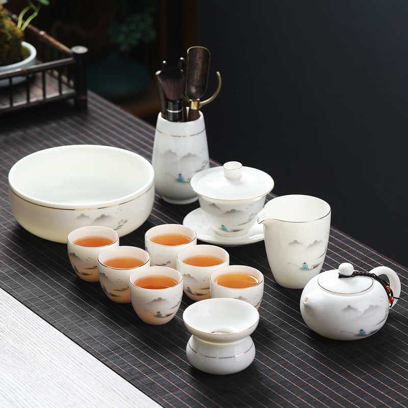 茶具套装茶壶整套家用茶杯盖碗泡茶轻奢功夫白陶瓷羊脂玉办公