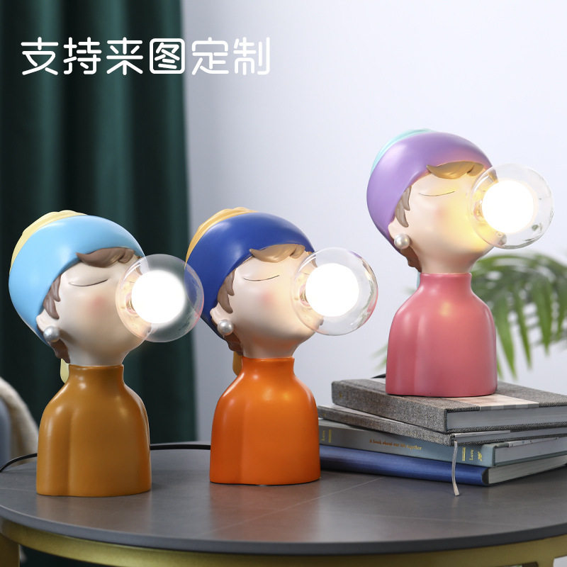 珍珠女孩泡泡小夜灯树脂摆件