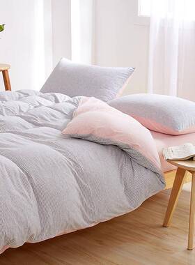 式竺UJB全棉天棉日针织棉四件套棉条纹被纯套床单床笠款裸睡床上