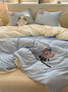 a水洗棉类纯色件套宿舍卡通三件床单被套罩床四笠4AYC床上套用品