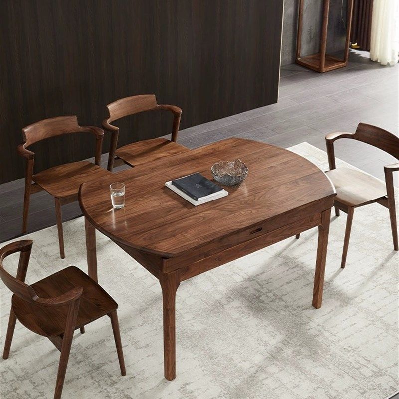 北美黑胡桃木餐桌家用实木小户型折叠圆桌现代简约圆形饭桌可变桌