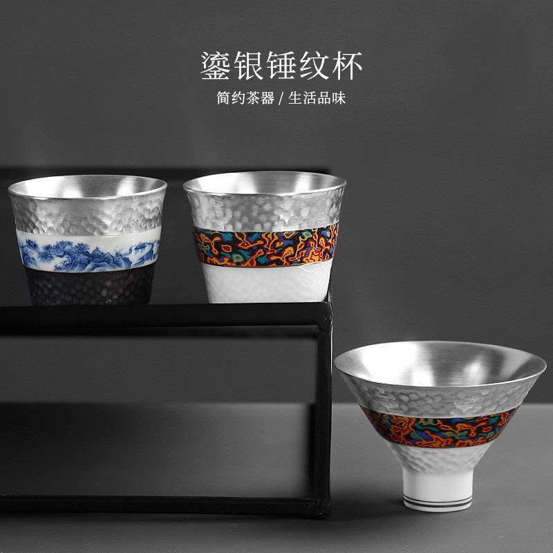 银杯子内胆主人杯单杯大号个性纯手工家用陶瓷单个功夫鎏银小茶杯