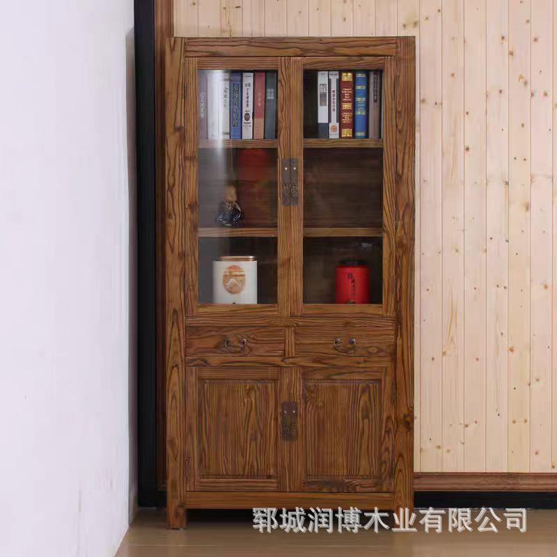 老榆木书柜新中式实木玻璃书柜展示柜客厅书房家具储物柜子文件柜