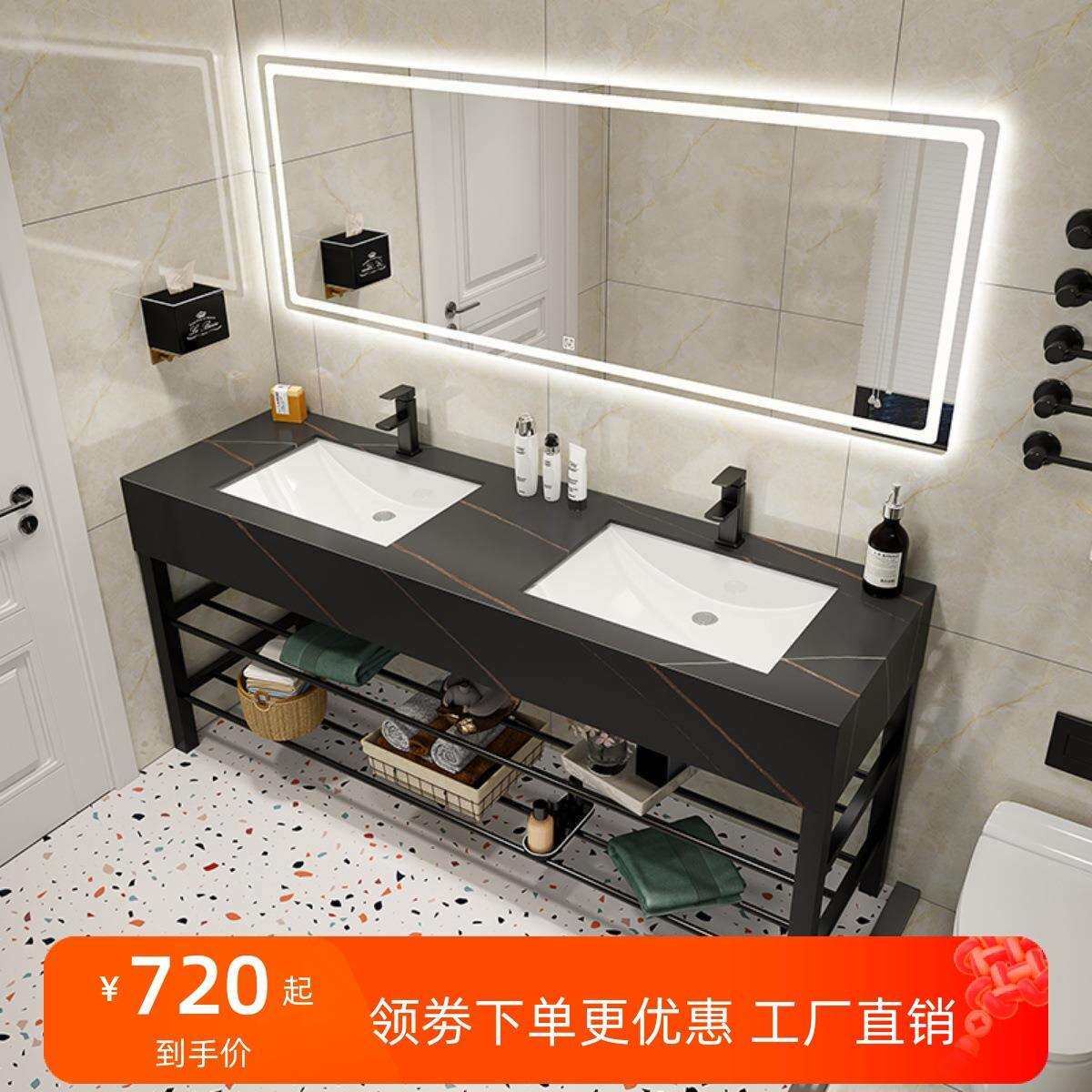 公共厕所用不锈钢落地双人浴室柜组合卫生间岩板双盆洗漱台洗手池