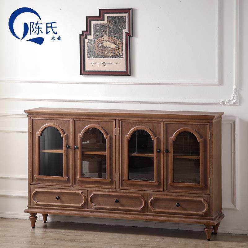 中古风餐边柜实木玻璃门斗柜多功能靠墙边柜美式入户玄关柜装饰柜