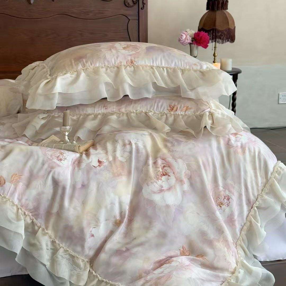 法式夏天凉感天丝四件套花卉美式4件套裸睡高档花边冰丝被套床单