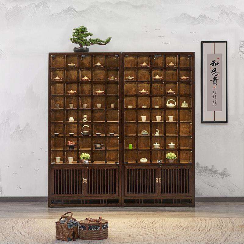实木格子架紫砂壶玻璃展示架茶杯茶壶多宝阁新中式榆木建盏博古架