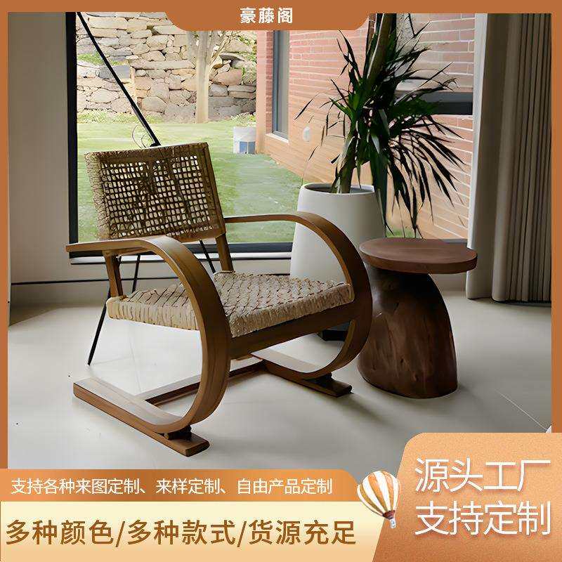 实木绳编单人沙发椅民宿复古椅子简约休闲椅子绳编椅靠背椅子