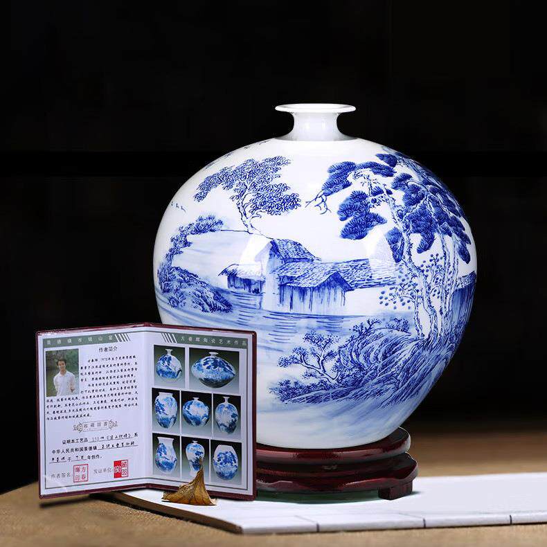 景德镇师傅手绘青花溪山秋晴花瓶 陶瓷器摆件小号青花瓷瓶子 爆款