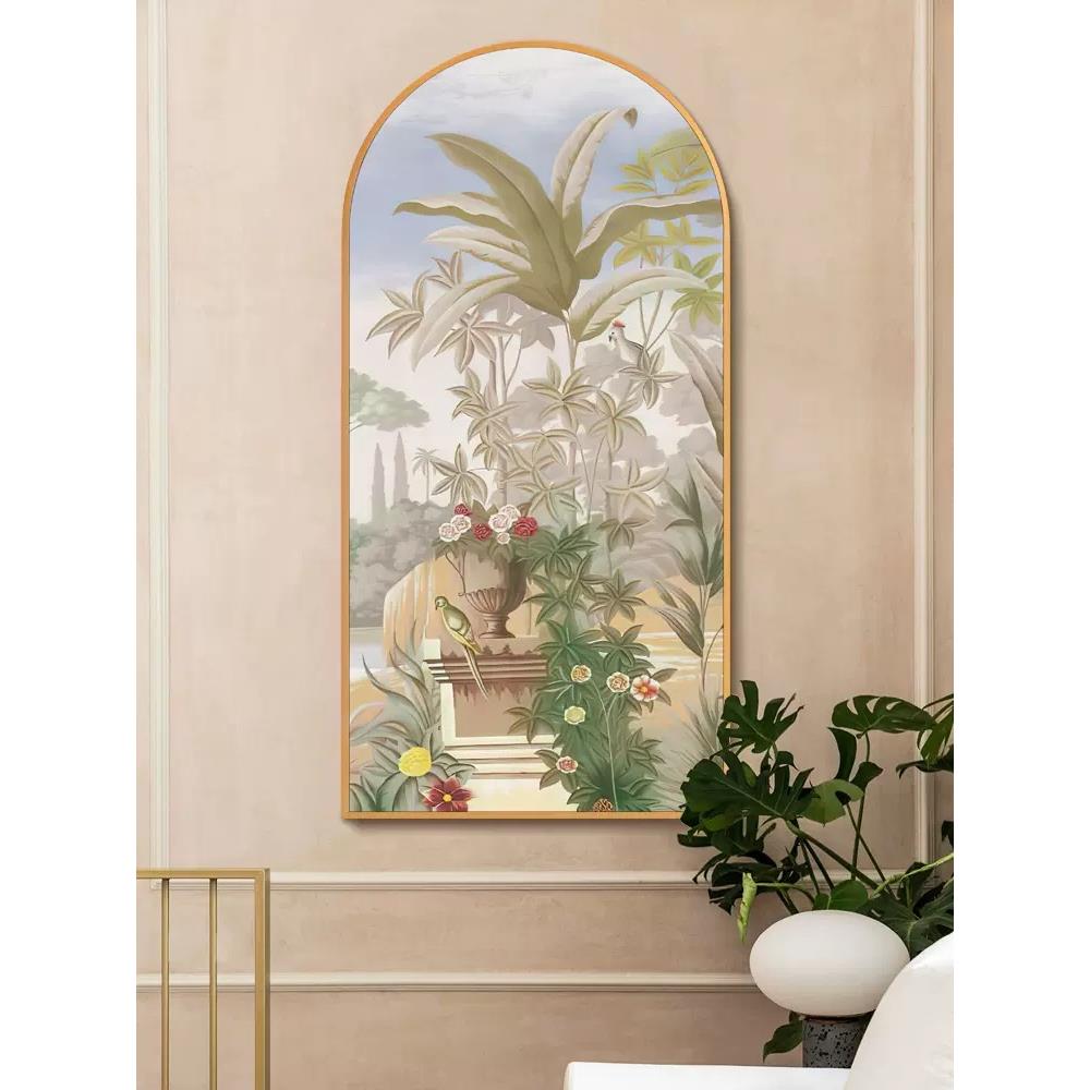 法式软装轻奢挂画窄长条竖版入户玄关拱形装饰画美式复古田园壁画