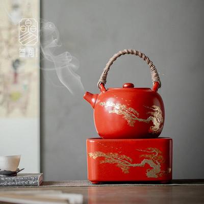 矾红中式复古岁寒松柏陶瓷煮茶壶电陶炉烧水壶茶具围炉煮茶器套装