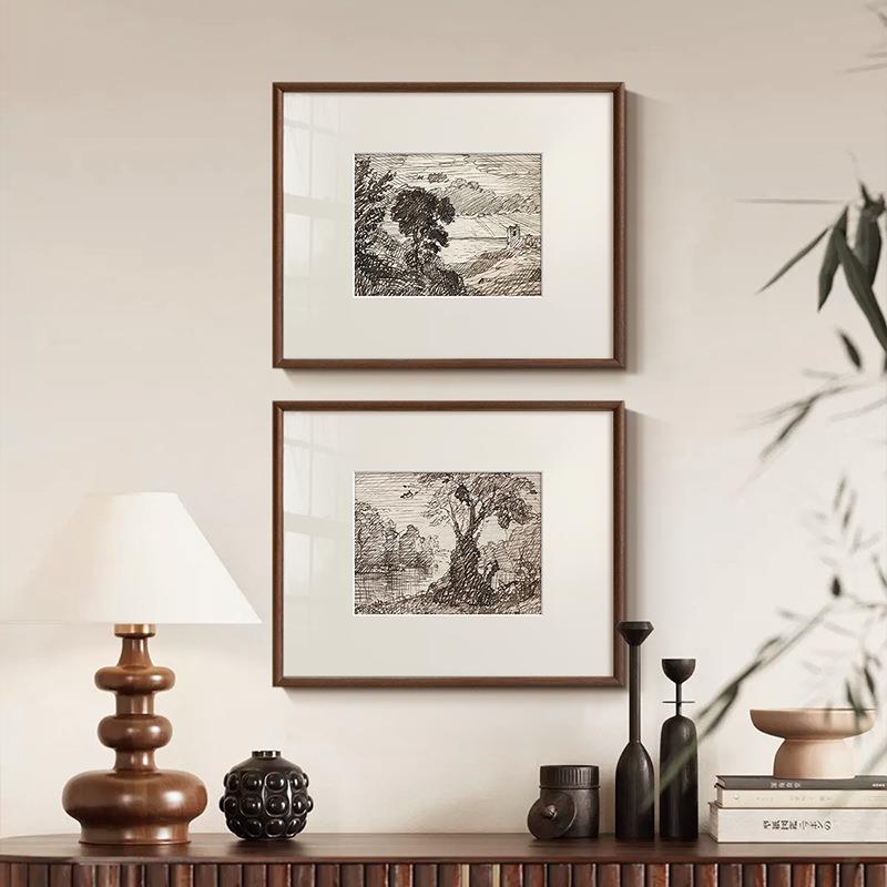 素描森林风景画》法式中古风小众艺术挂画北欧复古客厅玄关装饰画