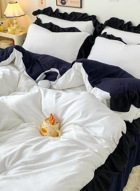 式仙法女XVX棉纯白色水洗四件套床裙被黑色花边蕾丝床上学套生三