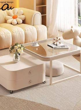 奶油简BID约现代可伸岩方形茶几小户型客缩厅风家用玻板璃茶几组