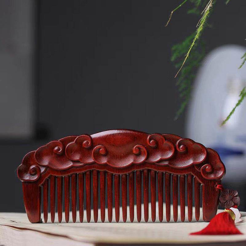 小叶紫檀雕木刻祥云梳子化梳手10230把件静防妆电便携女士送礼