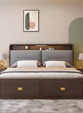 床头充电紫色实木JKN床现代简约高箱抽檀屉卧储物床主人床气压双