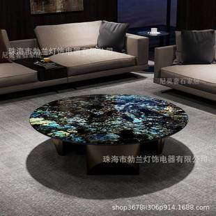 天然大理石高档现代茶几悬浮宝石蓝翡翠轻奢石台面圆形家用客厅