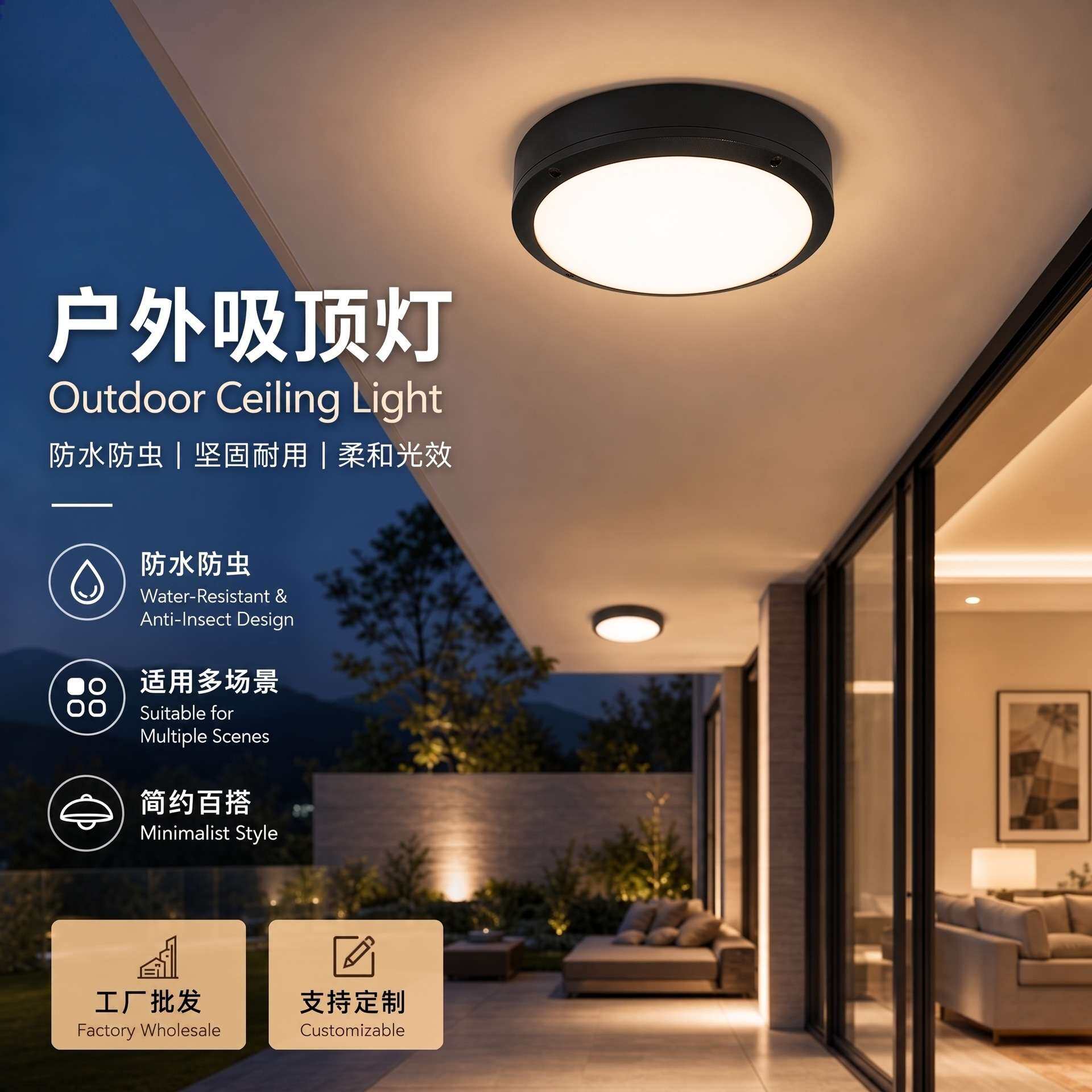 户外吸顶灯防水防虫阳台入户大门凉亭走廊过道别墅庭院led吸顶灯