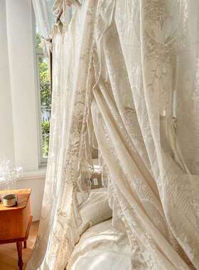 9QXC2022新款蚊帐卧室轻法式宫廷落地式白色蕾丝床幔木纹支架三开