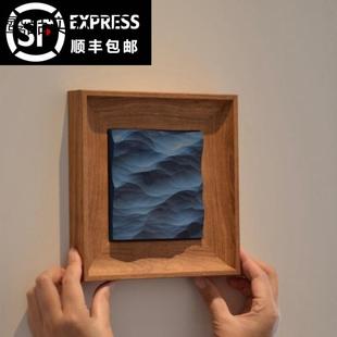 木雕海浪立体挂画木雕小摆件电视柜摆件正方形卧室桌面装饰画手工