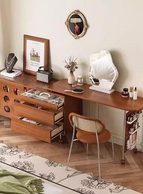 中古缩梳NIF妆台斗柜法复古式卧室床伸边收纳转实角木化妆桌一体