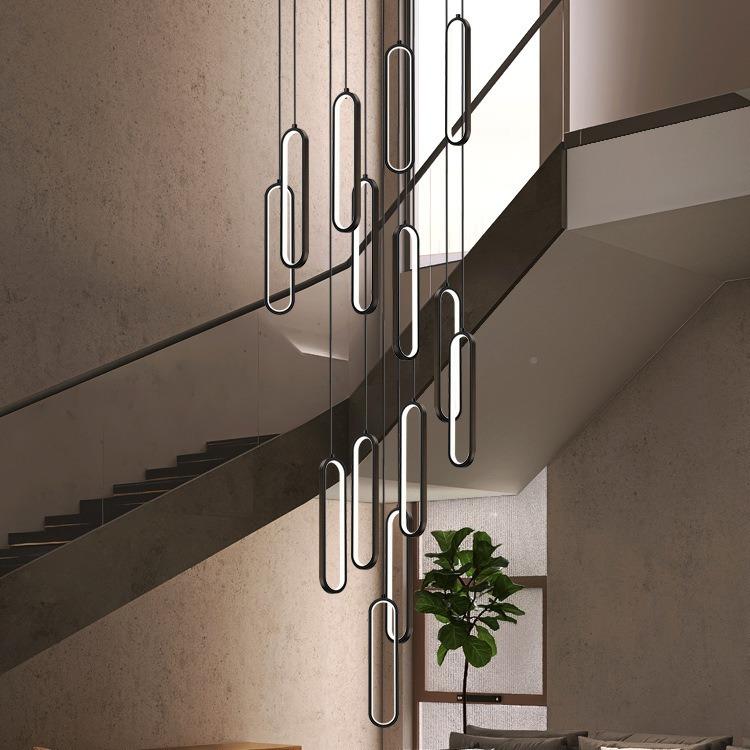 极简楼梯吊现代简约创意黑色方客框别中空灯具455复灯式墅楼厅大