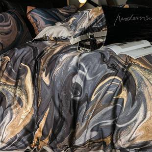 高用档轻奢长风黑金色10S天丝绒棉印花四件套纯0YC9660棉被套裸睡