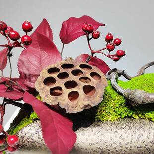 新中式红色仿真盆花龙柳枝栽型售楼处酒店客艺厅茶几造OKG桌面软