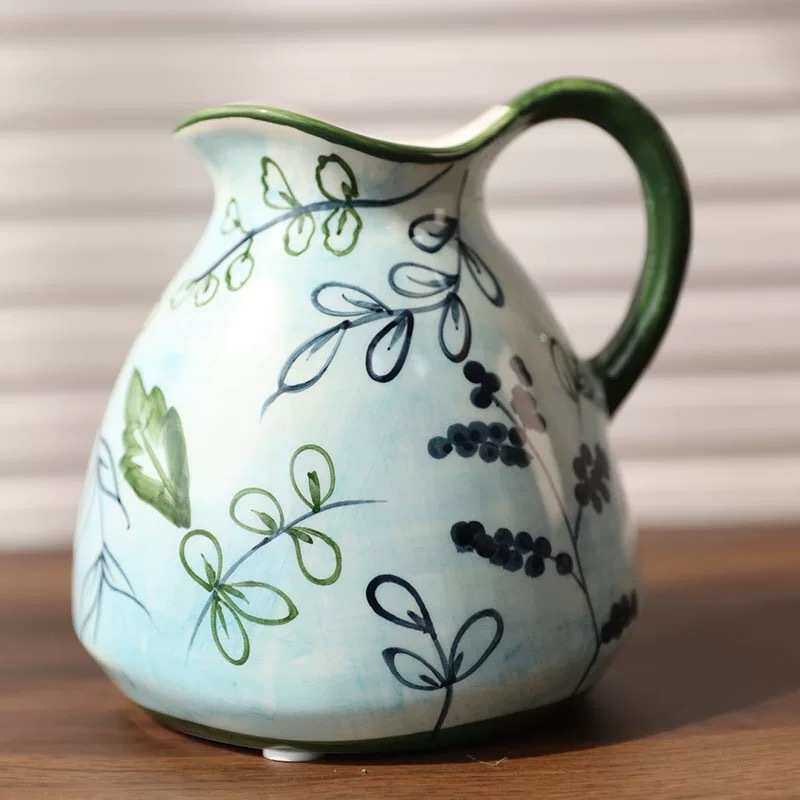 欧式田园创意陶瓷单耳奶壶小花瓶美式茶几餐桌玄关装饰工艺品摆件
