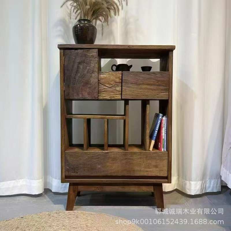 北方老榆木收纳柜茶杯架落地多格博古架玄关装饰实木阅读书置物柜
