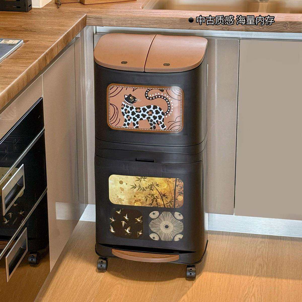 厨房专用不弯腰垃圾桶家用新款干湿分离带盖大容量高款可移动带轮