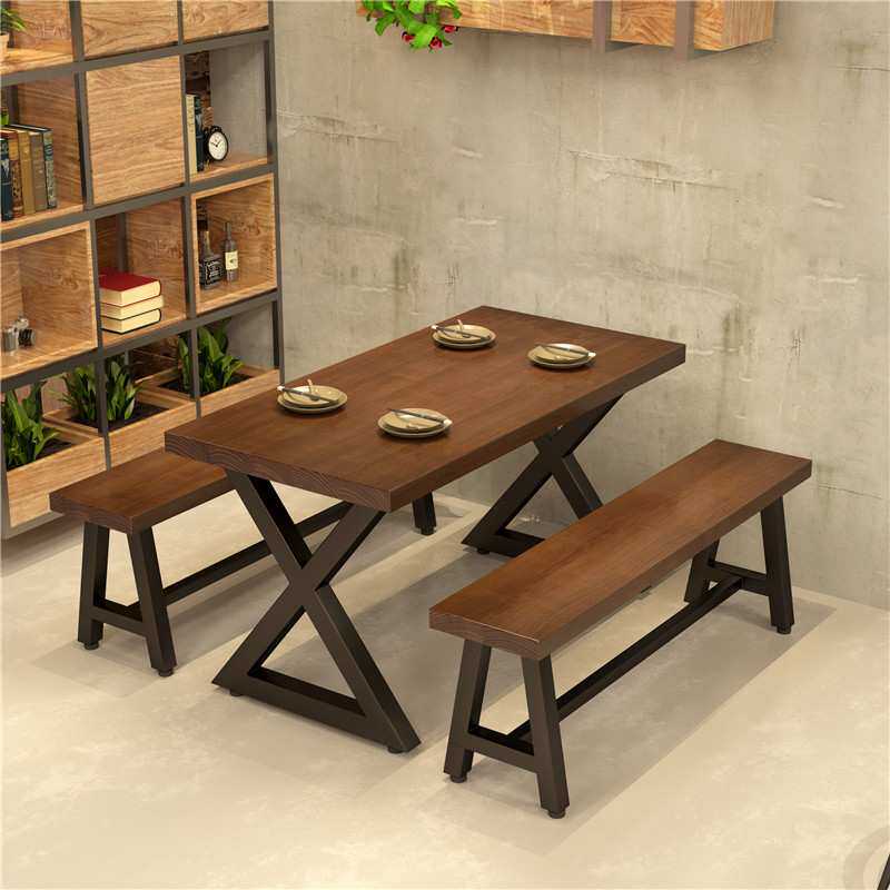 饭店实木餐桌椅组合简约火锅烧烤店长条桌子餐饮铁艺长方形四方桌
