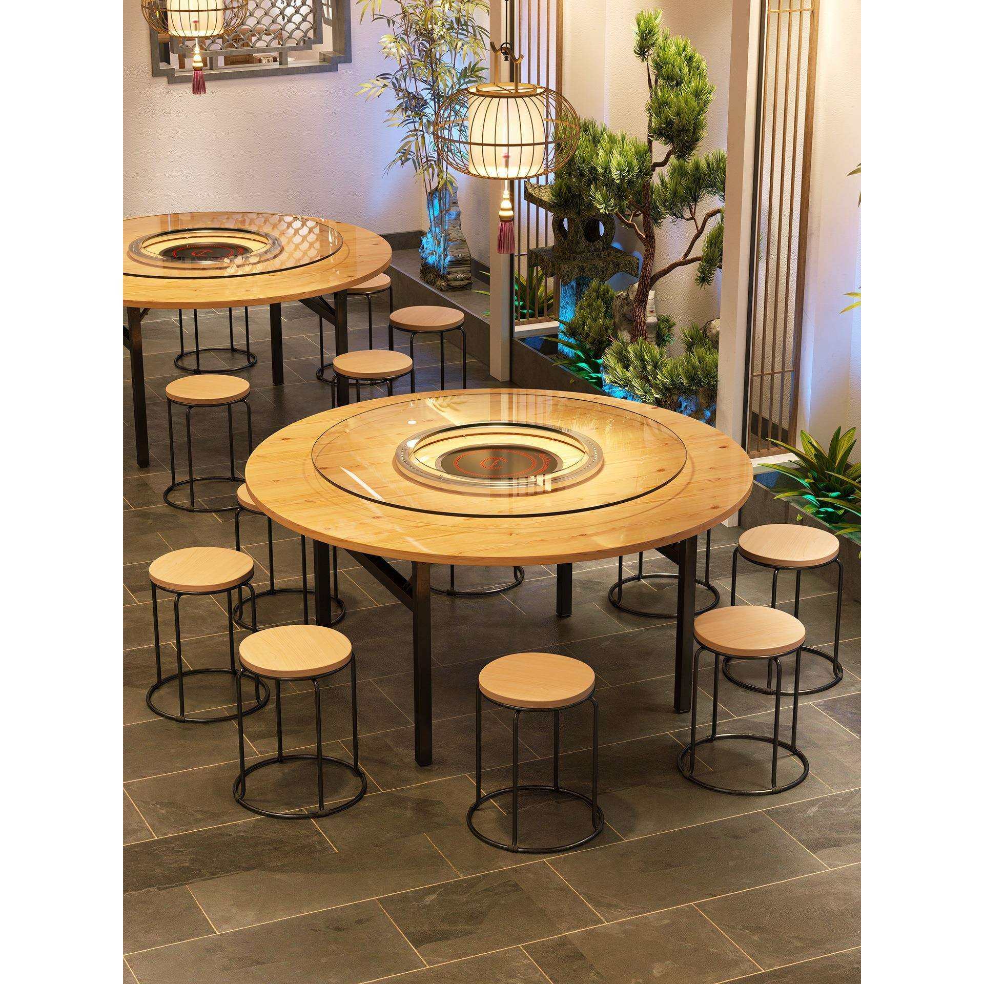 实木圆桌饭店火锅店桌椅电磁炉一体带转盘商用酒店中式餐厅火锅桌