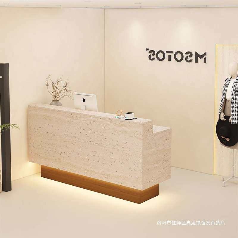 洞石纹收银台服装店女装店铺小型吧台桌带灯美发前台简约现代